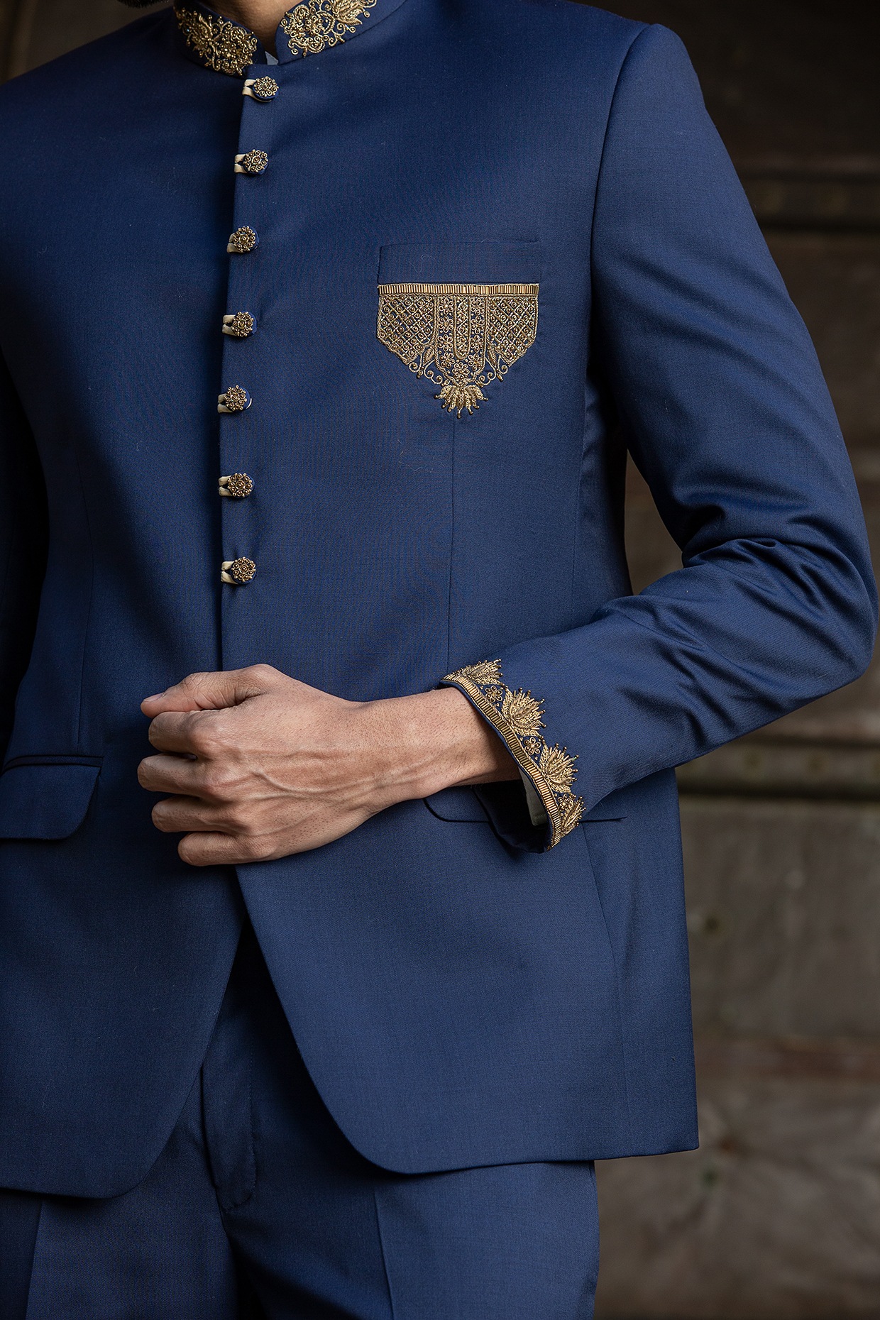 Buy Two Piece Daghai Jodhpuri Suit in Black and Navy Blue Online